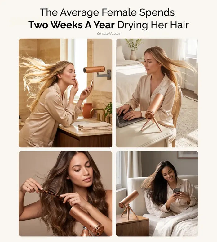 The average female spends two weeks a year drying her hair, shown with four women getting on with their morning while Pleume dries for them