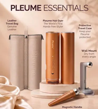 The Pleume set laid out: leather travel bag, styler, travel case, magnetic handle and wall mount